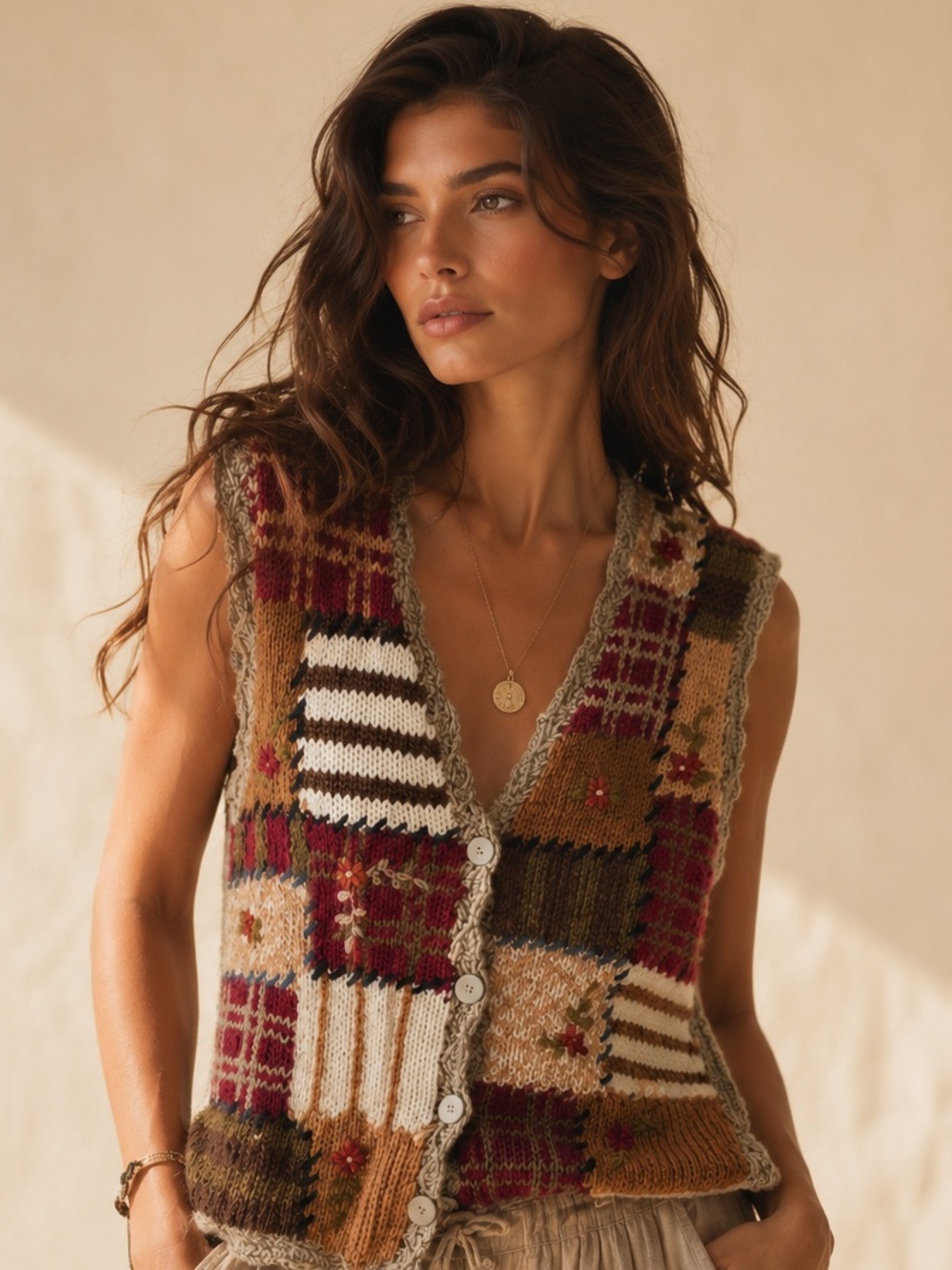 Vintage Patchwork Hand Knit Vest Huntington Ridge Boho Cottagecore Quiet‎ Luxury